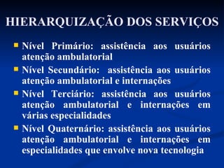 HIERARQUIZAÇÃO DOS SERVIÇOS Nível Primário: assistência aos usuários atenção ambulatorial Nível Secundário:  assistência aos usuários atenção ambulatorial e internações Nível Terciário: assistência aos usuários atenção ambulatorial e internações em várias especialidades Nível Quaternário: assistência aos usuários atenção ambulatorial e internações em especialidades que envolve nova tecnologia 