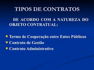 TIPOS DE CONTRATOS DE ACORDO COM A NATUREZA DO OBJETO CONTRATUAL: Termo de Cooperação entre Entes Públicos Contrato de Gestão Contrato Administrativo 
