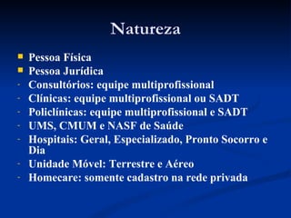 Natureza Pessoa Física Pessoa Jurídica Consultórios: equipe multiprofissional Clínicas: equipe multiprofissional ou SADT Policlínicas: equipe multiprofissional e SADT UMS, CMUM e NASF de Saúde Hospitais: Geral, Especializado, Pronto Socorro e Dia Unidade Móvel: Terrestre e Aéreo Homecare: somente cadastro na rede privada 