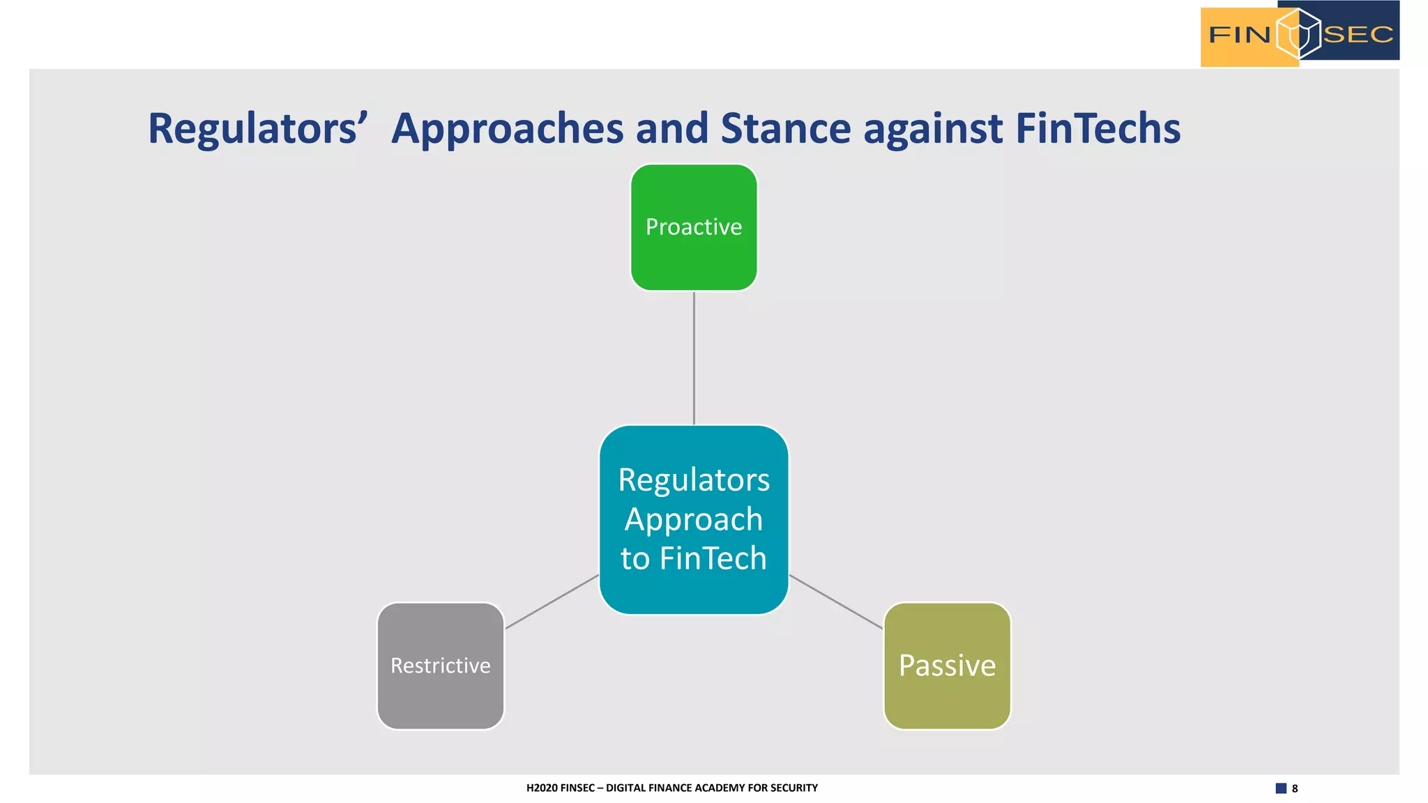 8H2020 FINSEC – DIGITAL FINANCE ACADEMY FOR SECURITY
Regulators’ Approaches and Stance against FinTechs
Regulators
Approach
to FinTech
Proactive
PassiveRestrictive
 