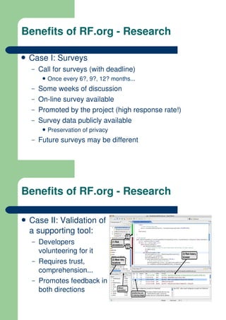 Benefits of RF.org - Research

� Case    I: Surveys
  –   Call for surveys (with deadline)
       � Once   every 6?, 9?, 1...