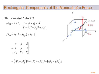 3 - 10
Rectangular Components of the Moment of a Force
     kyFxFjxFzFizFyF
FFF
zyx
kji
kMjMiMM
xyzxyz
zyx
zyxO






The moment of F about O,
kFjFiFF
kzjyixrFrM
zyx
O



 ,
 