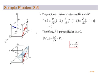 3 - 29
Sample Problem 3.5
• Perpendicular distance between AG and FC,
     
0
110
63
1
2


P
kjikj
P
P


Therefore, P is perpendicular to AG.
Pd
aP
M AG 
6
6
a
d 
 