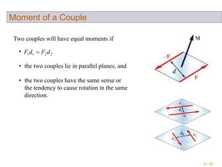 3 - 31
Moment of a Couple
Two couples will have equal moments if
• 2211 dFdF 
• the two couples lie in parallel planes, and
• the two couples have the same sense or
the tendency to cause rotation in the same
direction.
 