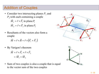 3 - 32
Addition of Couples
• Consider two intersecting planes P1 and
P2 with each containing a couple
222
111
planein
planein
PFrM
PFrM




• Resultants of the vectors also form a
couple
 21 FFrRrM


• By Varigon’s theorem
21
21
MM
FrFrM




• Sum of two couples is also a couple that is equal
to the vector sum of the two couples
 