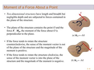 3 - 8
Moment of a Force About a Point
• Two-dimensional structures have length and breadth but
negligible depth and are subjected to forces contained in
the plane of the structure.
• The plane of the structure contains the point O and the
force F. MO, the moment of the force about O is
perpendicular to the plane.
• If the force tends to rotate the structure
counterclockwise, the sense of the moment vector is out
of the plane of the structure and the magnitude of the
moment is positive.
• If the force tends to rotate the structure clockwise, the
sense of the moment vector is into the plane of the
structure and the magnitude of the moment is negative.
 