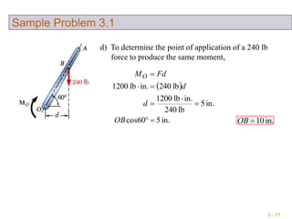 3 - 17
Sample Problem 3.1
d) To determine the point of application of a 240 lb
force to produce the same moment,
 
in.5cos60
in.5
lb402
in.lb1200
lb240in.lb1200






OB
d
d
FdMO
in.10OB
 