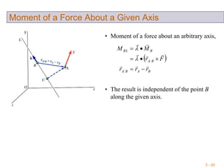 3 - 25
Moment of a Force About a Given Axis
• Moment of a force about an arbitrary axis,
 
BABA
BA
BBL
rrr
Fr
MM








• The result is independent of the point B
along the given axis.
 