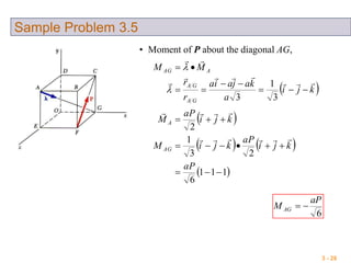 3 - 28
Sample Problem 3.5
• Moment of P about the diagonal AG,
 
 
   
 111
6
23
1
2
3
1
3







aP
kji
aP
kjiM
kji
aP
M
kji
a
kajaia
r
r
MM
AG
A
GA
GA
AAG








6
aP
M AG 
 
