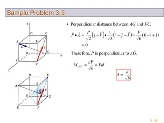 3 - 29
Sample Problem 3.5
• Perpendicular distance between AG and FC,
     
0
110
63
1
2


P
kjikj
P
P


Therefore, P is perpendicular to AG.
Pd
aP
M AG 
6
6
a
d 
 
