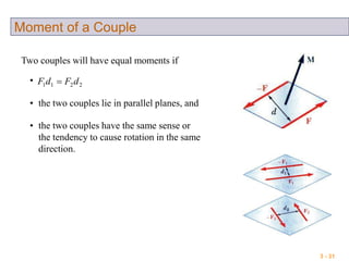 3 - 31
Moment of a Couple
Two couples will have equal moments if
• 2211 dFdF 
• the two couples lie in parallel planes, and
• the two couples have the same sense or
the tendency to cause rotation in the same
direction.
 