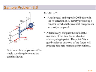 3 - 36
Sample Problem 3.6
Determine the components of the
single couple equivalent to the
couples shown.
SOLUTION:
• Attach equal and opposite 20 lb forces in
the +x direction at A, thereby producing 3
couples for which the moment components
are easily computed.
• Alternatively, compute the sum of the
moments of the four forces about an
arbitrary single point. The point D is a
good choice as only two of the forces will
produce non-zero moment contributions..
 