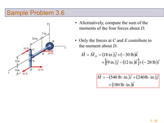 3 - 38
Sample Problem 3.6
• Alternatively, compute the sum of the
moments of the four forces about D.
• Only the forces at C and E contribute to
the moment about D.
   
      ikj
kjMM D


lb20in.12in.9
lb30in.18


   
 k
jiM


in.lb180
in.lb240in.lb540


 