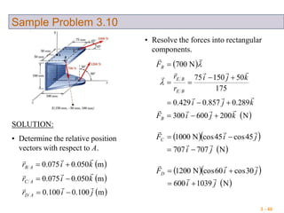 3 - 46
Sample Problem 3.10
SOLUTION:
• Determine the relative position
vectors with respect to A.
 
 
 m100.0100.0
m050.0075.0
m050.0075.0
jir
kir
kir
AD
AC
AB






• Resolve the forces into rectangular
components.
 
 N200600300
289.0857.0429.0
175
5015075
N700
kjiF
kji
kji
r
r
F
B
BE
BE
B












  
 N1039600
30cos60cosN1200
ji
jiFD




  
 N707707
45cos45cosN1000
ji
jiFC




 
