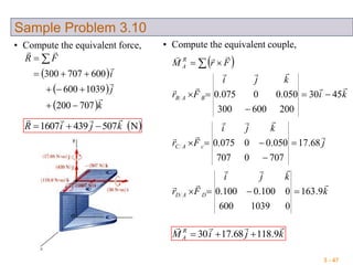 3 - 47
Sample Problem 3.10
• Compute the equivalent force,
 
 
 k
j
i
FR




707200
1039600
600707300



 
 N5074391607 kjiR


• Compute the equivalent couple,
 
k
kji
Fr
j
kji
Fr
ki
kji
Fr
FrM
DAD
cAC
BAB
R
A










9.163
01039600
0100.0100.0
68.17
7070707
050.00075.0
4530
200600300
050.00075.0







 
kjiM R
A

9.11868.1730 
 