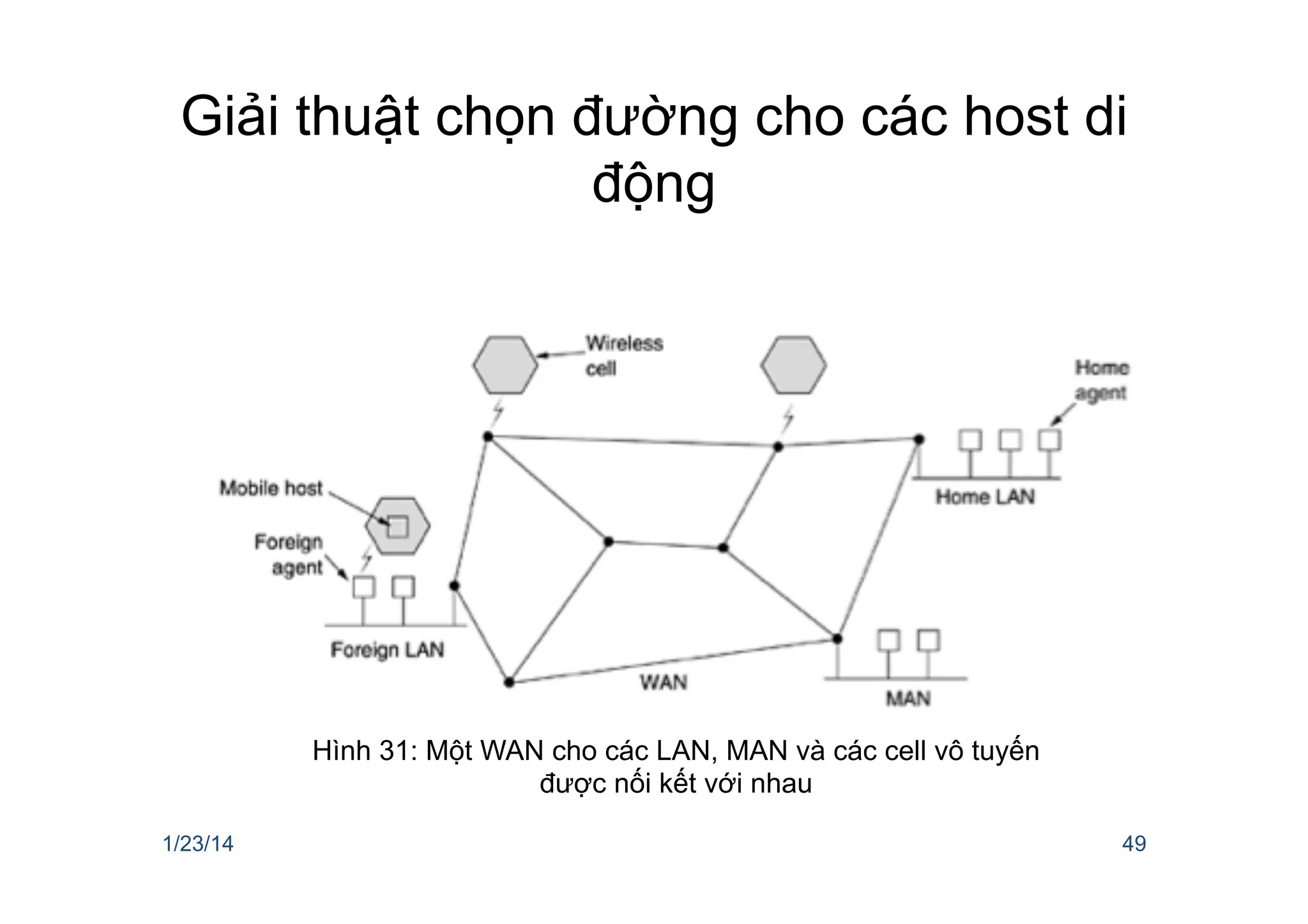 Giải thuật chọn đường cho các host di
động
1/23/14 49
Hình 31: Một WAN cho các LAN, MAN và các cell vô tuyến
được nối kết với nhau
 