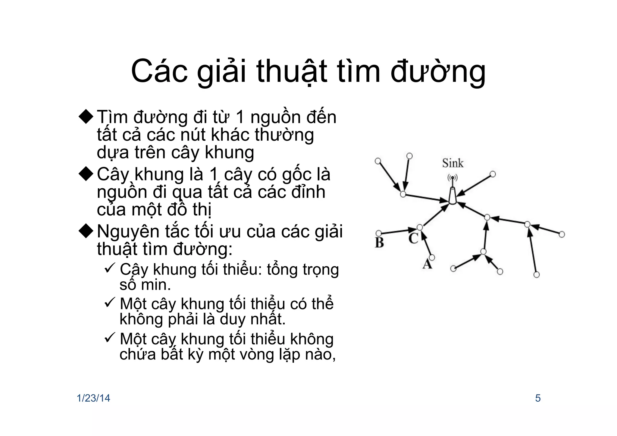 Các giải thuật tìm đường
u Tìm đường đi từ 1 nguồn đến
tất cả các nút khác thường
dựa trên cây khung
u Cây khung là 1 cây có gốc là
nguồn đi qua tất cả các đỉnh
của một đồ thị
u Nguyên tắc tối ưu của các giải
thuật tìm đường:
ü Cây khung tối thiểu: tổng trọng
số min.
ü Một cây khung tối thiểu có thể
không phải là duy nhất.
ü Một cây khung tối thiểu không
chứa bất kỳ một vòng lặp nào,
1/23/14 5
 