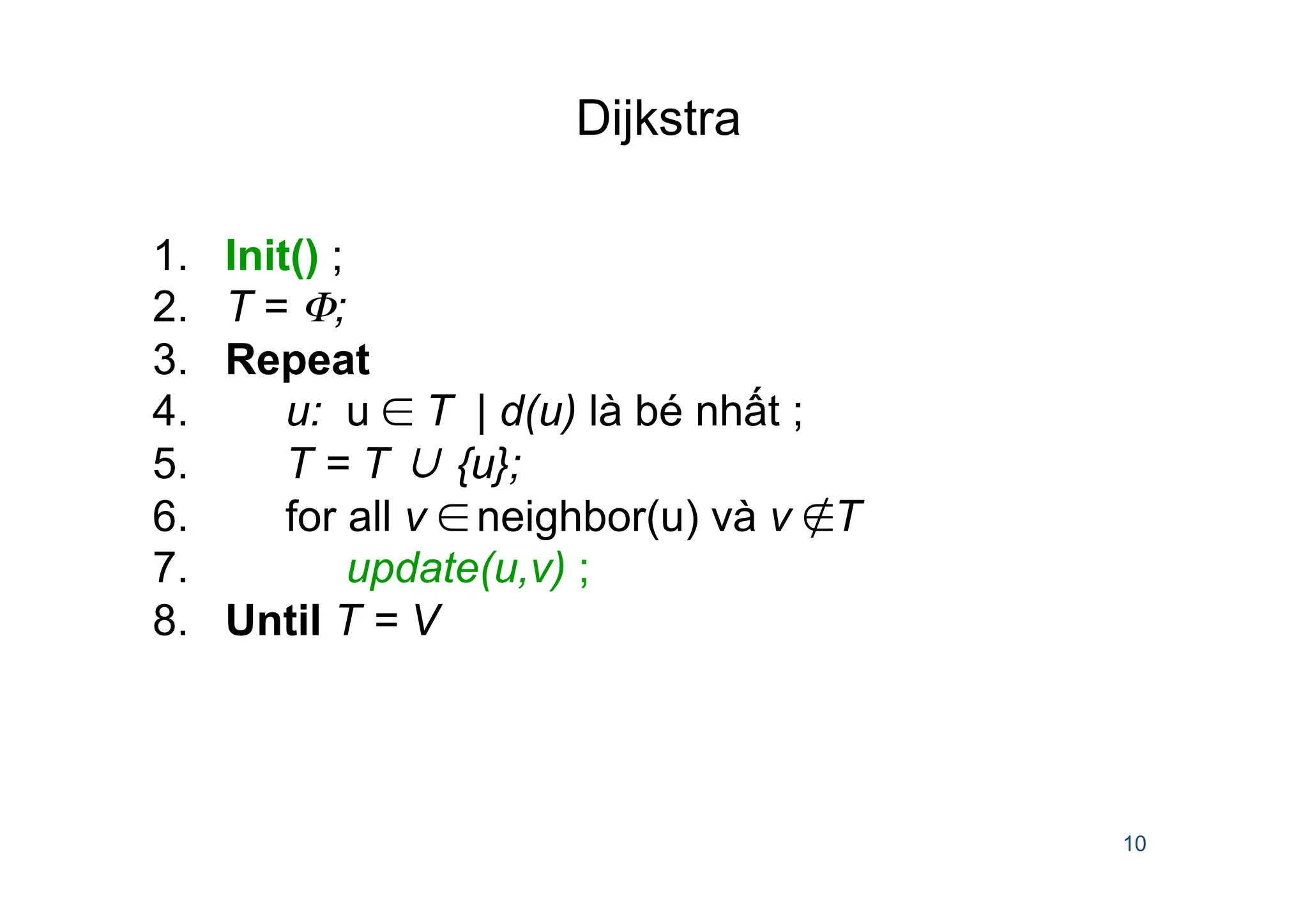 Dijkstra
10
1. Init() ;
2. T = Φ;
3. Repeat
4. u: u ∈ T | d(u) là bé nhất ;
5. T = T ∪ {u};
6. for all v ∈ neighbor(u) và v ∉T
7. update(u,v) ;
8. Until T = V
 