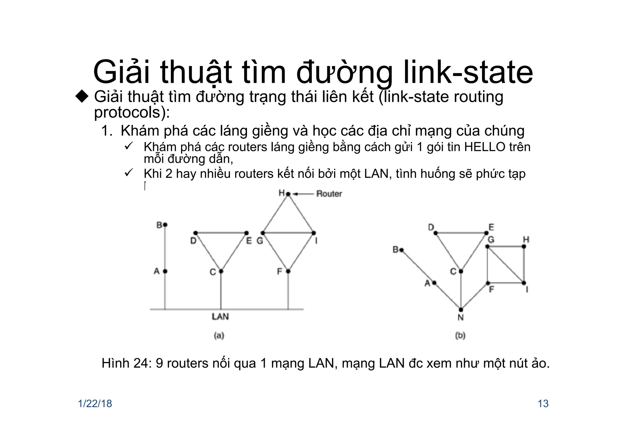 Giải thuật tìm đường link-state
u Giải thuật tìm đường trạng thái liên kết (link-state routing
protocols):
1. Khám phá các láng giềng và học các địa chỉ mạng của chúng
ü Khám phá các routers láng giềng bằng cách gửi 1 gói tin HELLO trên
mỗi đường dẫn,
ü Khi 2 hay nhiều routers kết nối bởi một LAN, tình huống sẽ phức tạp
hơn.
1/22/18 13
Hình 24: 9 routers nối qua 1 mạng LAN, mạng LAN đc xem như một nút ảo.
 