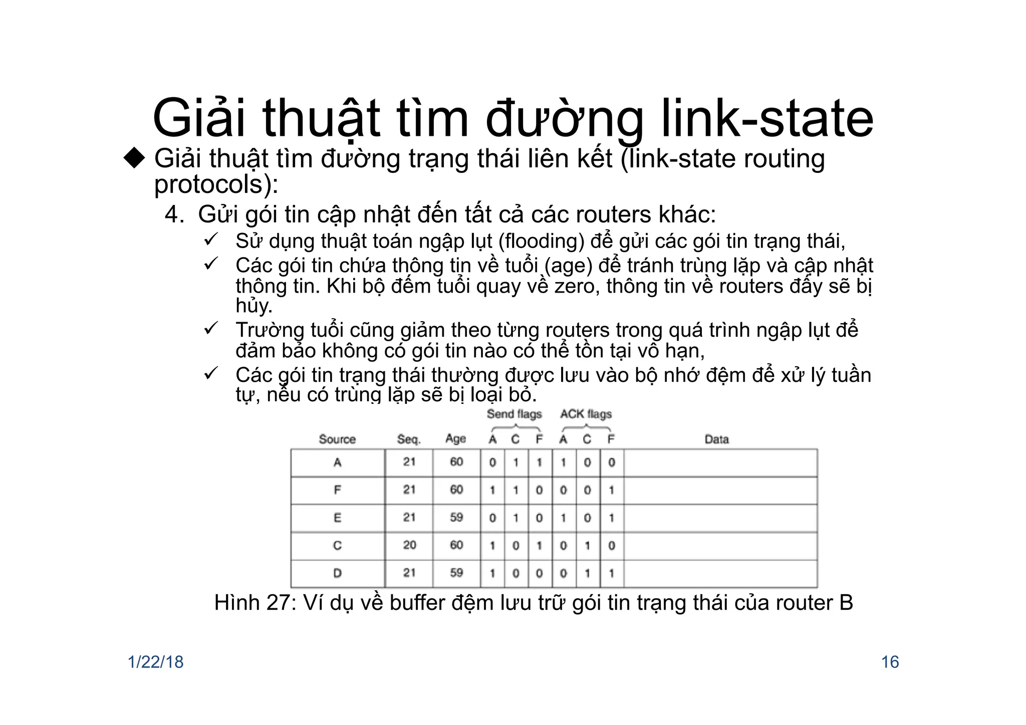 Giải thuật tìm đường link-state
u Giải thuật tìm đường trạng thái liên kết (link-state routing
protocols):
4. Gửi gói tin cập nhật đến tất cả các routers khác:
ü Sử dụng thuật toán ngập lụt (flooding) để gửi các gói tin trạng thái,
ü Các gói tin chứa thông tin về tuổi (age) để tránh trùng lặp và cập nhật
thông tin. Khi bộ đếm tuổi quay về zero, thông tin về routers đấy sẽ bị
hủy.
ü Trường tuổi cũng giảm theo từng routers trong quá trình ngập lụt để
đảm bảo không có gói tin nào có thể tồn tại vô hạn,
ü Các gói tin trạng thái thường được lưu vào bộ nhớ đệm để xử lý tuần
tự, nếu có trùng lặp sẽ bị loại bỏ.
1/22/18 16
Hình 27: Ví dụ về buffer đệm lưu trữ gói tin trạng thái của router B
 