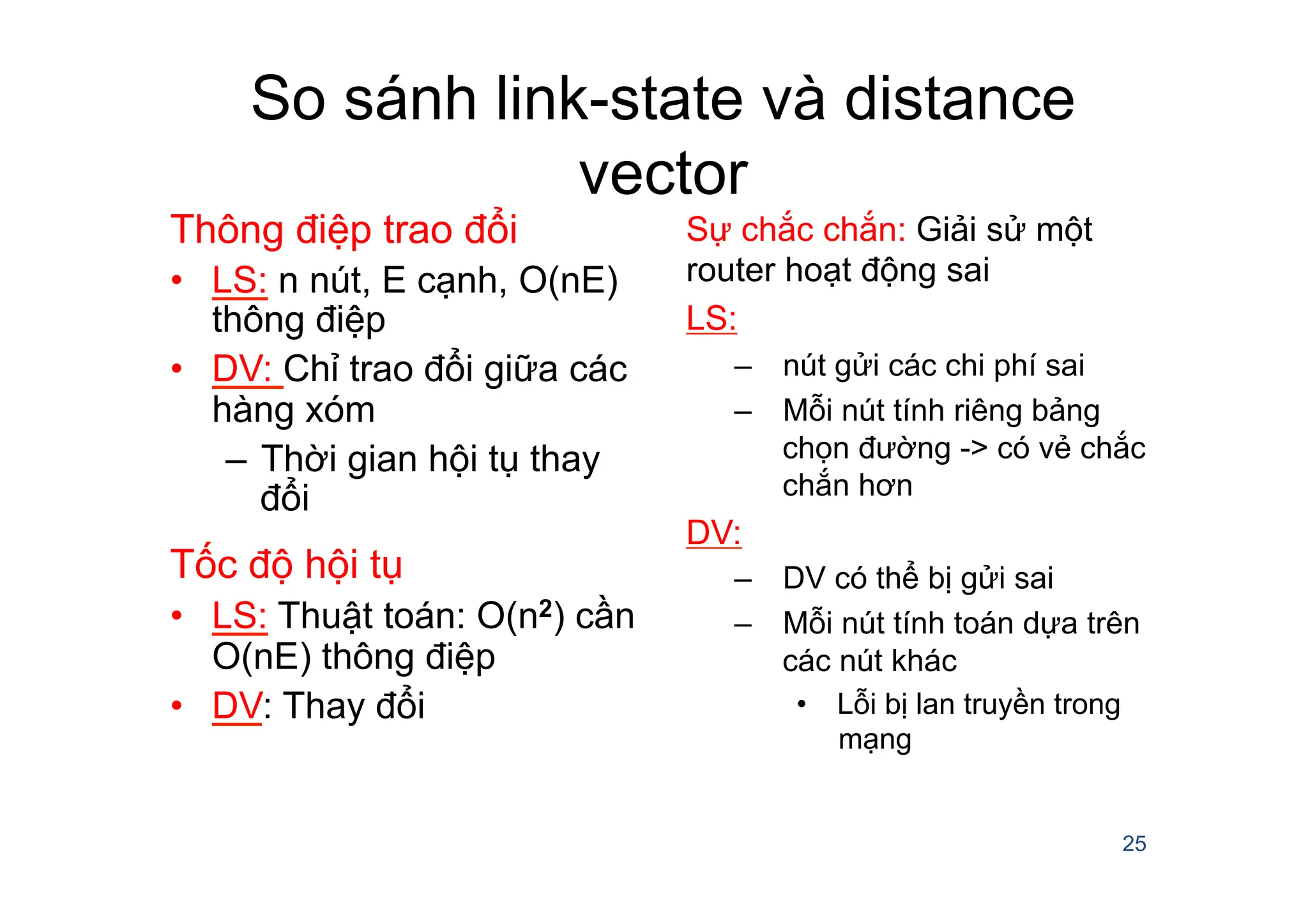 So sánh link-state và distance
vector
Thông điệp trao đổi
• LS: n nút, E cạnh, O(nE)
thông điệp
• DV: Chỉ trao đổi giữa các
hàng xóm
– Thời gian hội tụ thay
đổi
Tốc độ hội tụ
• LS: Thuật toán: O(n2) cần
O(nE) thông điệp
• DV: Thay đổi
Sự chắc chắn: Giải sử một
router hoạt động sai
LS:
– nút gửi các chi phí sai
– Mỗi nút tính riêng bảng
chọn đường -> có vẻ chắc
chắn hơn
DV:
– DV có thể bị gửi sai
– Mỗi nút tính toán dựa trên
các nút khác
• Lỗi bị lan truyền trong
mạng
25
 