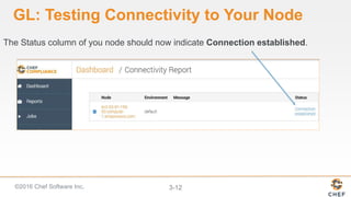 ©2016 Chef Software Inc. 3-12
GL: Testing Connectivity to Your Node
The Status column of you node should now indicate Connection established.
 