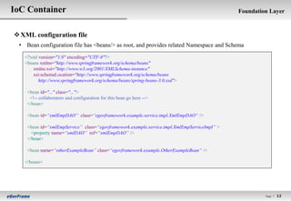 IoC Container                                                                                 Foundation Layer



 XML configuration file
 • Bean configuration file has <beans/> as root, and provides related Namespace and Schema
   <?xml version="1.0" encoding="UTF-8"?>
   <beans xmlns="http://www.springframework.org/schema/beans"
       xmlns:xsi="http://www.w3.org/2001/XMLSchema-instance"
       xsi:schemaLocation="http://www.springframework.org/schema/beans
         http://www.springframework.org/schema/beans/spring-beans-3.0.xsd">

    <bean id="..." class="...">
     <!-- collaborators and configuration for this bean go here -->
    </bean>

    <bean id=“xmlEmpDAO” class=“egovframework.example.service.impl.XmlEmpDAO“ />

    <bean id=“xmlEmpService” class=“egovframework.example.service.impl.XmlEmpServiceImpl” >
      <property name=“xmlDAO” ref=“xmlEmpDAO” />
    </bean>

    <bean name=“otherExampleBean” class=“egovframework.example.OtherExampleBean“ />

   </beans>




                                                                                                       Page l   12
 