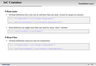 IoC Container                                                                             Foundation Layer



 Bean name
 • All bean definitions have only one id, and more than one name. id must be unique in container
   <bean id="exampleBean" class="example.ExampleBean"/>

   <bean name="anotherExample" class="examples.ExampleBeanTwo"/>


 • Bean definition can supply more than one name by using <alias/> element
   <alias name="fromName" alias="toName"/>



 Bean Class
 • All bean definitions need java class for instantiation

    <bean id="exampleBean" class="example.ExampleBean"/>

    <bean name="anotherExample" class="examples.ExampleBeanTwo"/>




                                                                                                   Page l   14
 