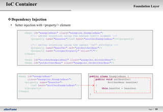 IoC Container                                                                    Foundation Layer



 Dependency Injection
 • Setter injection with <property/> element

          <bean id="exampleBean" class="examples.ExampleBean">
              <!-- setter injection using the nested <ref/> element -->
              <property name="beanOne"><ref bean="anotherExampleBean"/></property>

              <!-- setter injection using the neater 'ref' attribute -->
              <property name="beanTwo" ref="yetAnotherBean"/>
              <property name="integerProperty" value="1"/>
          </bean>

          <bean id="anotherExampleBean" class="examples.AnotherBean"/>
          <bean id="yetAnotherBean" class="examples.YetAnotherBean"/>




      <bean id="exampleBean“                        public class ExampleBean {
            class="examples.ExampleBean">               public void setBeanOne(
          <property name="beanOne">                             AnotherBean beanOne)
              <ref bean="anotherExampleBean"/>          {
          </property>                                       this.beanOne = beanOne;
      </bean>                                           }
                                                    }




                                                                                          Page l   18
 