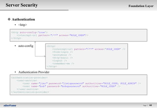 Server Security                                                                     Foundation Layer



 Authentication
    • <http>

  <http auto-config='true'>
      <intercept-url pattern="/**" access="ROLE_USER"/>
  </http>


    • auto-config          <http>
                               <intercept-url pattern="/**" access="ROLE_USER" />
                               <form-login />
                               <anonymous />
                               <http-basic />
                               <logout />
                               <remember-me />
                           </http>

    • Authentication Provider
  <authentication-provider>
      <user-service>
          <user name="jimi" password="jimispassword" authorities="ROLE_USER, ROLE_ADMIN" />
          <user name="bob" password="bobspassword" authorities="ROLE_USER" />
      </user-service>
  </authentication-provider>




                                                                                              Page l   48
 