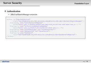 Server Security                                                                             Foundation Layer



 Authentication
    • JdbcUserDetailsManager extension

  <b:bean id=“jdbcUserService“
          class=“egovframework.rte.fdl.security.userdetails.jdbc.EgovJdbcUserDetailsManager“ >
      <b:property name=“usersByUsernameQuery“
          value=“SELECT USER_ID,PASSWORD,ENABLED,USER_NAME,BIRTH_DAY,SSN FROM USERS WHERE USER_ID = ? “/>
      <b:property name="authoritiesByUsernameQuery“
          value=“SELECT USER_ID,AUTHORITY FROM AUTHORITIES WHERE USER_ID = ? “/>
      <b:property name=“roleHierarchy" ref=“roleHierarchy“/>
      <b:property name=“dataSource“ ref=“dataSource“/>
      <b:property name=“mapClass“
          value=“egovframework.rte.fdl.security.userdetails.EgovUserDetailsMapping“/>
  </b:bean>




                                                                                                       Page l   51
 