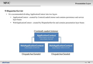 MVC                                                                                    Presentation Layer


 DispatcherServlet
 • It is recommended dividing ApplicationContext into two layers
      • ApplicationContext : created by ContextLoaderListener and contains persistence and service
        layer beans
      • WebApplicationContext : created by DispatcherServlet and contains presentation layer beans




                                                                                                     Page l   82
 