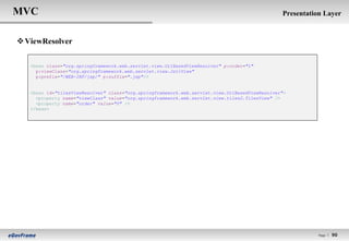 MVC                                                                                             Presentation Layer


 ViewResolver

   <bean class="org.springframework.web.servlet.view.UrlBasedViewResolver" p:order="1"
     p:viewClass="org.springframework.web.servlet.view.JstlView"
     p:prefix="/WEB-INF/jsp/" p:suffix=".jsp"/>


   <bean id="tilesViewResolver" class="org.springframework.web.servlet.view.UrlBasedViewResolver">
     <property name="viewClass" value="org.springframework.web.servlet.view.tiles2.TilesView" />
     <property name="order" value="0" />
   </bean>




                                                                                                           Page l   90
 