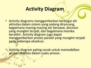 Activity Diagram
• Activity diagrams menggambarkan berbagai alir
aktivitas dalam sistem yang sedang dirancang,
bagaimana masing-masing alir berawal, decision
yang mungkin terjadi, dan bagaimana mereka
berakhir. Activity diagram juga dapat
menggambarkan proses paralel yang mungkin terjadi
pada beberapa eksekusi.
• Activity diagram paling cocok untuk memodelkan
urutan aktifitas dalam suatu proses.
 