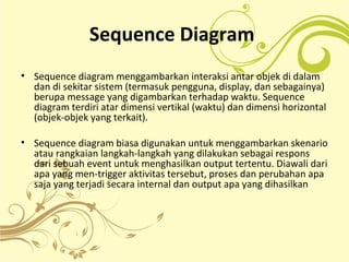 Sequence Diagram
• Sequence diagram menggambarkan interaksi antar objek di dalam
dan di sekitar sistem (termasuk pengguna, display, dan sebagainya)
berupa message yang digambarkan terhadap waktu. Sequence
diagram terdiri atar dimensi vertikal (waktu) dan dimensi horizontal
(objek-objek yang terkait).
• Sequence diagram biasa digunakan untuk menggambarkan skenario
atau rangkaian langkah-langkah yang dilakukan sebagai respons
dari sebuah event untuk menghasilkan output tertentu. Diawali dari
apa yang men-trigger aktivitas tersebut, proses dan perubahan apa
saja yang terjadi secara internal dan output apa yang dihasilkan
 