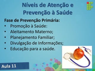 Fase de Prevenção Primária:
• Promoção à Saúde:
• Aleitamento Materno;
• Planejamento Familiar;
• Divulgação de Informações;
• Educação para a saúde.
Níveis de Atenção e
Prevenção à Saúde
 
