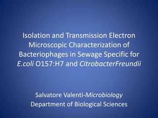 Isolation and Transmission Electron
    Microscopic Characterization of
Bacteriophages in Sewage Specific for
E.coli O157:H7 and CitrobacterFreundii


     Salvatore Valenti-Microbiology
    Department of Biological Sciences
 