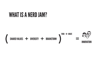 WHAT IS A NERD JAM?

                                                    + BOOZE
(                   + DIVERSITY + BRAINSTORM )
                                             FOOD

    SHARED VALUES                                             =   INNOVATION
 