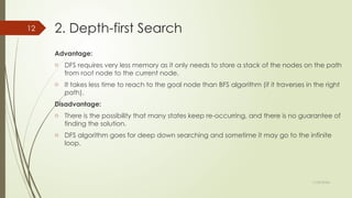 11/30/2024
12 2. Depth-first Search
Advantage:
o DFS requires very less memory as it only needs to store a stack of the nodes on the path
from root node to the current node.
o It takes less time to reach to the goal node than BFS algorithm (if it traverses in the right
path).
Disadvantage:
o There is the possibility that many states keep re-occurring, and there is no guarantee of
finding the solution.
o DFS algorithm goes for deep down searching and sometime it may go to the infinite
loop.
 