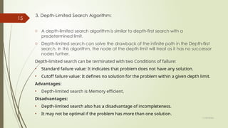 11/30/2024
15
3. Depth-Limited Search Algorithm:
o A depth-limited search algorithm is similar to depth-first search with a
predetermined limit.
o Depth-limited search can solve the drawback of the infinite path in the Depth-first
search. In this algorithm, the node at the depth limit will treat as it has no successor
nodes further.
Depth-limited search can be terminated with two Conditions of failure:
• Standard failure value: It indicates that problem does not have any solution.
• Cutoff failure value: It defines no solution for the problem within a given depth limit.
Advantages:
• Depth-limited search is Memory efficient.
Disadvantages:
• Depth-limited search also has a disadvantage of incompleteness.
• It may not be optimal if the problem has more than one solution.
 
