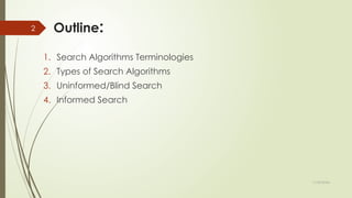 11/30/2024
2 Outline:
1. Search Algorithms Terminologies
2. Types of Search Algorithms
3. Uninformed/Blind Search
4. Informed Search
 