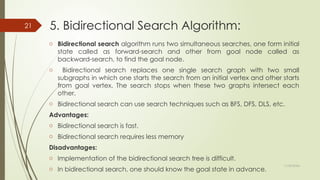 11/30/2024
21 5. Bidirectional Search Algorithm:
o Bidirectional search algorithm runs two simultaneous searches, one form initial
state called as forward-search and other from goal node called as
backward-search, to find the goal node.
o Bidirectional search replaces one single search graph with two small
subgraphs in which one starts the search from an initial vertex and other starts
from goal vertex. The search stops when these two graphs intersect each
other.
o Bidirectional search can use search techniques such as BFS, DFS, DLS, etc.
Advantages:
o Bidirectional search is fast.
o Bidirectional search requires less memory
Disadvantages:
o Implementation of the bidirectional search tree is difficult.
o In bidirectional search, one should know the goal state in advance.
 