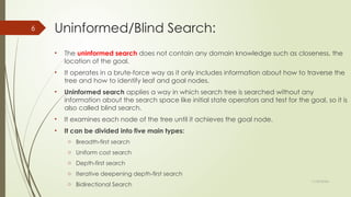 11/30/2024
6 Uninformed/Blind Search:
• The uninformed search does not contain any domain knowledge such as closeness, the
location of the goal.
• It operates in a brute-force way as it only includes information about how to traverse the
tree and how to identify leaf and goal nodes.
• Uninformed search applies a way in which search tree is searched without any
information about the search space like initial state operators and test for the goal, so it is
also called blind search.
• It examines each node of the tree until it achieves the goal node.
• It can be divided into five main types:
o Breadth-first search
o Uniform cost search
o Depth-first search
o Iterative deepening depth-first search
o Bidirectional Search
 