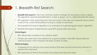 11/30/2024
8 1. Breadth-first Search:
o Breadth-first search is the most common search strategy for traversing a tree or graph.
This algorithm searches breadthwise in a tree or graph, so it is called breadth-first search.
o BFS algorithm starts searching from the root node of the tree and expands all successor
node at the current level before moving to nodes of next level.
o The breadth-first search algorithm is an example of a general-graph search algorithm.
o Breadth-first search implemented using FIFO queue data structure.
Advantages:
o BFS will provide a solution if any solution exists.
o If there are more than one solutions for a given problem, then BFS will provide the
minimal solution which requires the least number of steps.
Disadvantages:
o It requires lots of memory since each level of the tree must be saved into memory to
expand the next level.
o BFS needs lots of time if the solution is far away from the root node.
 