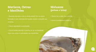 Mariscos, Ostras
e Mexilhões
• Quando expostos vivos à venda, devem ter as valvas
fechadas e com retenção de líquido incolor e límpido nas
conchas.
• Cheiro agradável e acentuado.
• Carne úmida, aderida à concha, de cor acinzentada
clara, nas ostras, e amarelada, nos mexilhões.
• Devem ser mantidos sob refrigeração.
• Exigir os carimbos do SIM, SIE ou SIF.
Moluscos
(polvos e lulas)
• Devem ter a pele lisa e úmida.
• Carne consistente e elástica.
21
 