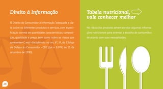 Direito à Informação
O Direito do Consumidor à informação “adequada e cla-
ra sobre os diferentes produtos e serviços, com especi-
ficação correta de quantidade, características, composi-
ção, qualidade e preço, bem como sobre os riscos que
apresentem”, está disciplinado no art. 6º, III, do Código
de Defesa do Consumidor - CDC (Lei n. 8.078, de 11 de
setembro de 1990).
Tabela nutricional,
vale conhecer melhor
No rótulo dos produtos devem constar algumas informa-
ções nutricionais para orientar a escolha do consumidor,
de acordo com suas necessidades.
28
 