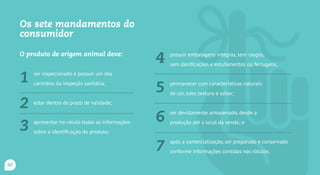 Os sete mandamentos do
consumidor
O produto de origem animal deve:
ser inspecionado e possuir um dos
carimbos da inspeção sanitária;
estar dentro do prazo de validade;
apresentar no rótulo todas as informações
sobre a identificação do produto;
possuir embalagens íntegras, sem rasgos,
sem danificações e estufamentos ou ferrugens;
permanecer com características naturais
de cor, odor, textura e sabor;
ser devidamente armazenado, desde a
produção até o local da venda; e
após a comercialização, ser preparado e conservado
conforme informações contidas nos rótulos.
1
2
3
4
5
6
7
30
 