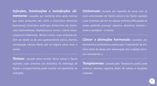Cisticercose: Causada pela ingestão de carnes cruas ou
mal cozidas, infectadas com ovos embrionados dos vermes
Taenia solium ou Taenia saginata, na forma de cistos (pipo-
cas). Pode provocar dor de cabeça contínua, dificuldade de
andar, cegueira, distúrbios mentais, epilepsia e morte.
Botulismo: Causada pela ingestão de alimento conta-
minado com toxina produzida pela bactéria Clostridium
botulinum. Entre os alimentos mais envolvidos estão os
produtos cárneos cozidos, curados ou defumados, queijos,
pastas de queijos e conservas vegetais.Os sintomas se ini-
ciam com visão turva,dupla,pálpebra caída,dificuldade de
engolir, evoluindo até a morte.
Salmonelose: Causada pelas bactérias do gênero
Salmonella, que contaminam desde leite e derivados, ovos,
carnes e seus derivados. Os sintomas surgem cerca de 12
a 72 horas após o consumo do alimento contaminado,com
o aparecimento de diarreia, cólicas abdominais e febre.
9
 