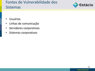 Fontes de Vulnerabilidade dos
Sistemas

•   Usuários
•   Linhas de comunicação
•   Servidores corporativos
•   Sistemas corporativos




                                12
 