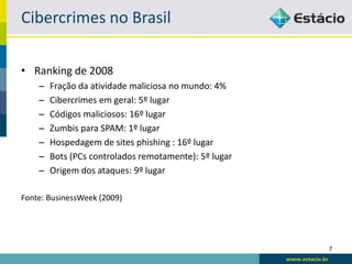 Cibercrimes no Brasil

• Ranking de 2008
    –   Fração da atividade maliciosa no mundo: 4%
    –   Cibercrimes em geral: 5º lugar
    –   Códigos maliciosos: 16º lugar
    –   Zumbis para SPAM: 1º lugar
    –   Hospedagem de sites phishing : 16º lugar
    –   Bots (PCs controlados remotamente): 5º lugar
    –   Origem dos ataques: 9º lugar

Fonte: BusinessWeek (2009)




                                                       7
 